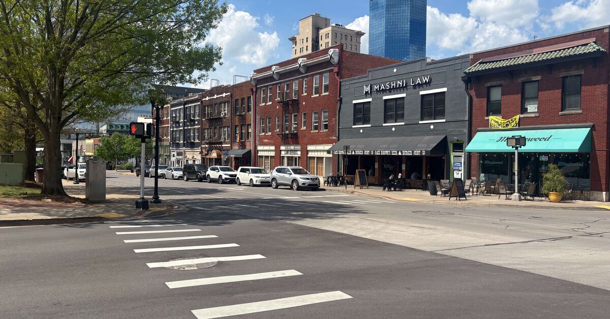Downtown Lexington Kentucky street view along Limestone with shops and businesses