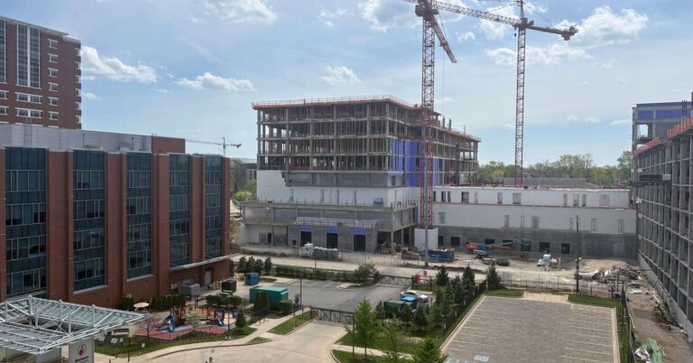 Construction site with cranes near Shriners Hospital in Lexington Kentucky