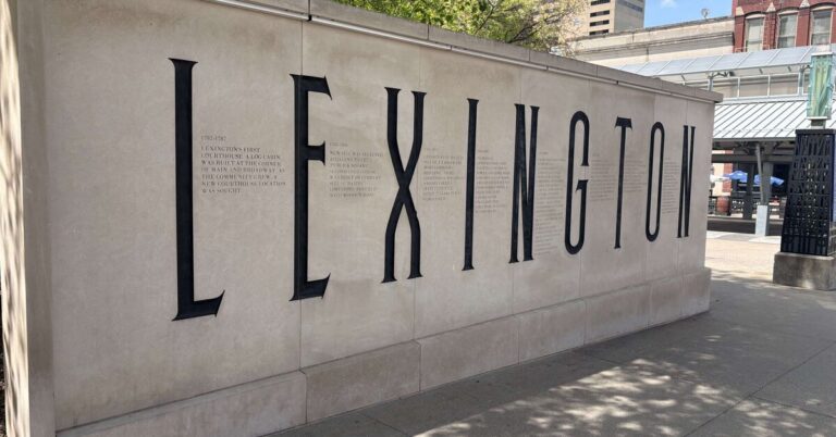Lexington Kentucky courthouse history monument with carved lettering in downtown