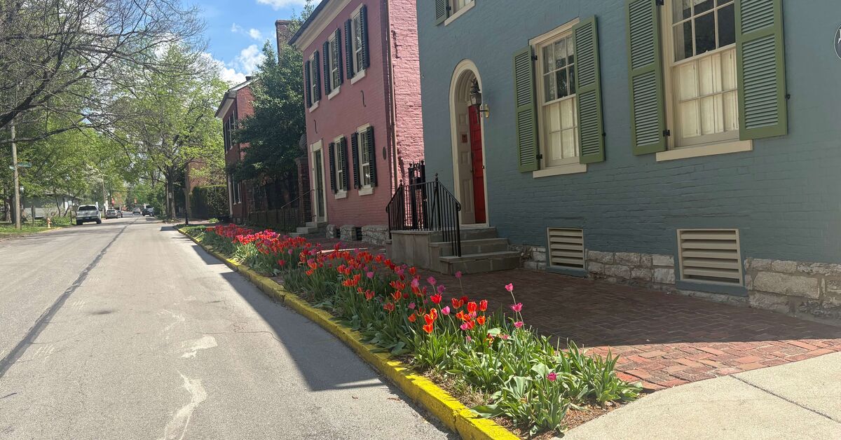 Spring tulips along Market Street with colorful historic homes in Lexington Kentucky